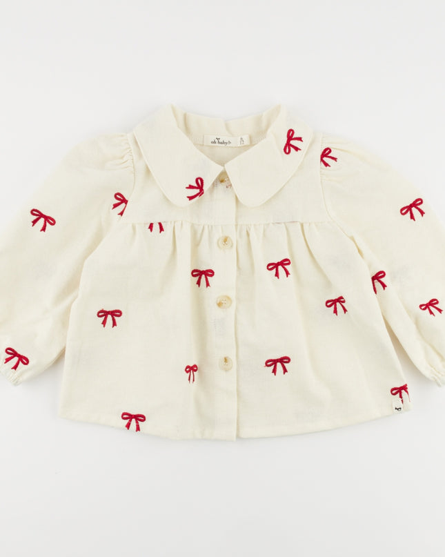 oh baby! Cherry Bows Embroidered Flannel LS Clara Blouse - Cream