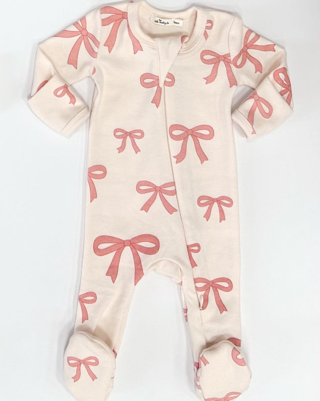 oh baby! Pink Bows Baby Rib Zipper Footie - Natural