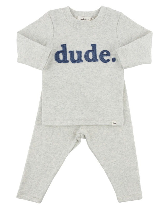 oh baby! Denim 'Dude' Ribbed Applique L/S 2PC Set - Heather Gray