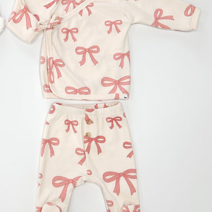 oh baby! Pink Bows Baby Rib Kimono Set with Bow - Natural