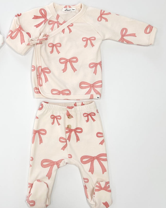 oh baby! Pink Bows Baby Rib Kimono Set with Bow - Natural