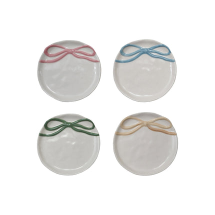 Creative Co-op round stoneware dishes with pink, blue, green and cream bows