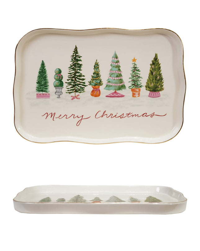 Scalloped Platter with Trees & Gold Electroplating
