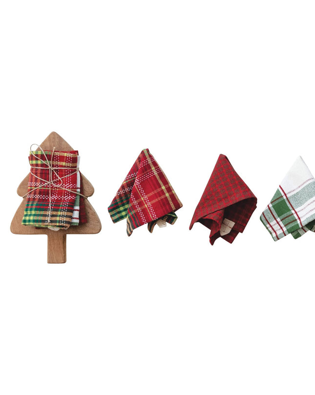 Woven Dish Cloths & Tree Shaped Board, Set of 4 Tied with Jute