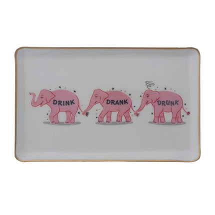 Metal Tray with Pink Elephants & Gold Edge "Drink, Drank, Drunk"