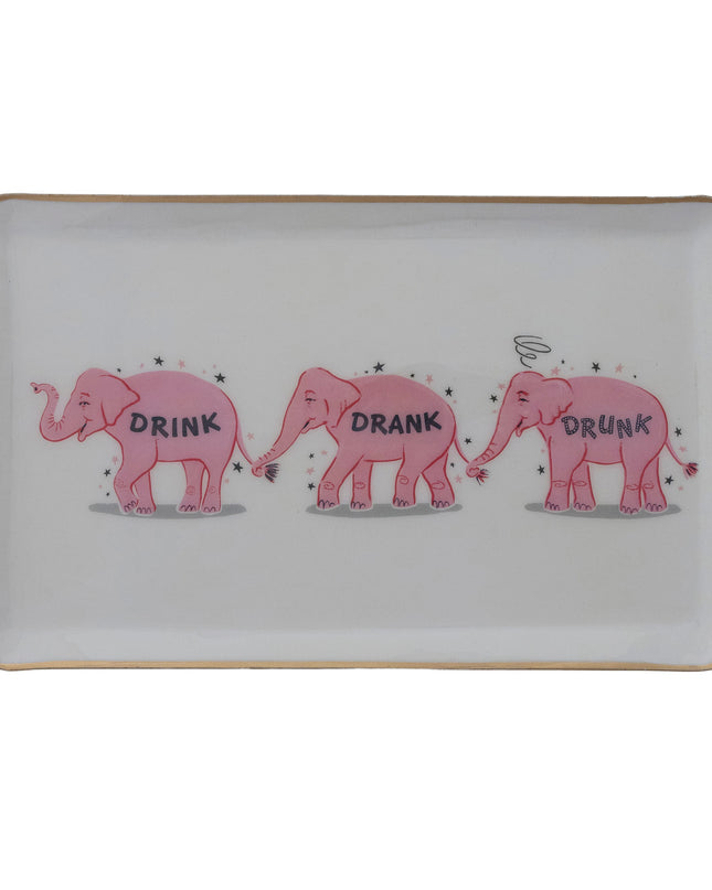 Metal Tray with Pink Elephants & Gold Edge "Drink, Drank, Drunk"