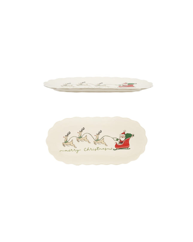 Scalloped Platter with Santa's Sleigh & Reindeer "Merry Christmas"