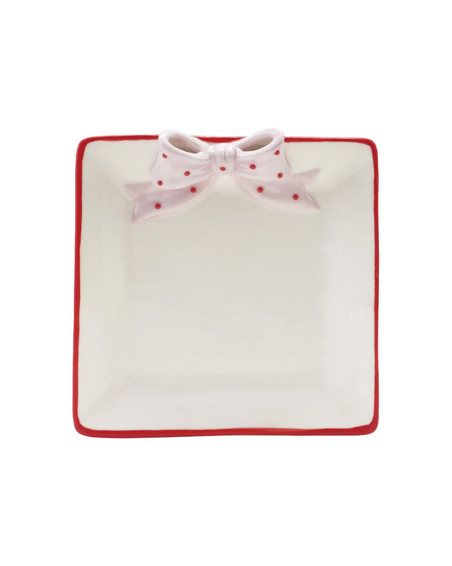 Hand-Painted Stoneware Dish with 3D Polka Dot Bow & Colored Edge, White