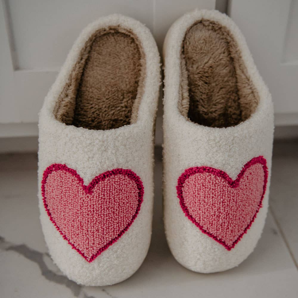 Pink/Red Heart Fuzzy Slippers: L/XL