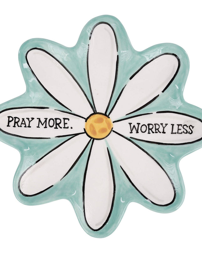 Pray More Worry Less daisy trinket tray — inspirational faith gift for her