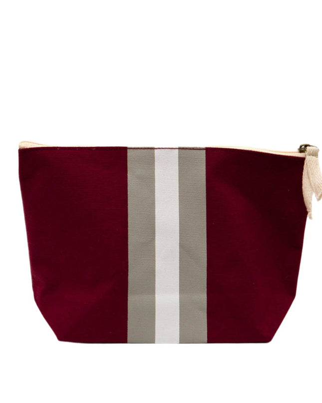 Personalized campus stripe cosmetic bag maroon white gray — custom monogram, graduation and school gift