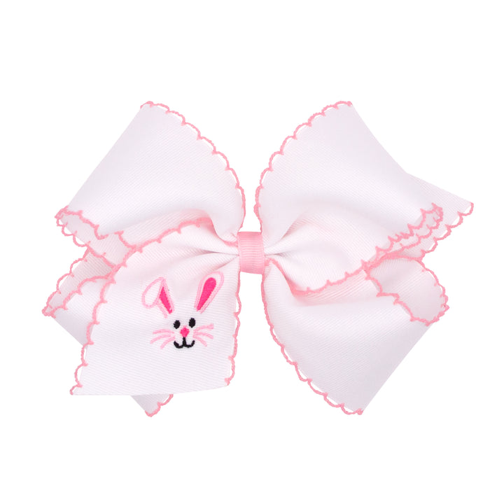 King White Grosgrain Girls Hair Bow with Moonstitch Edge and Easter Embroidery