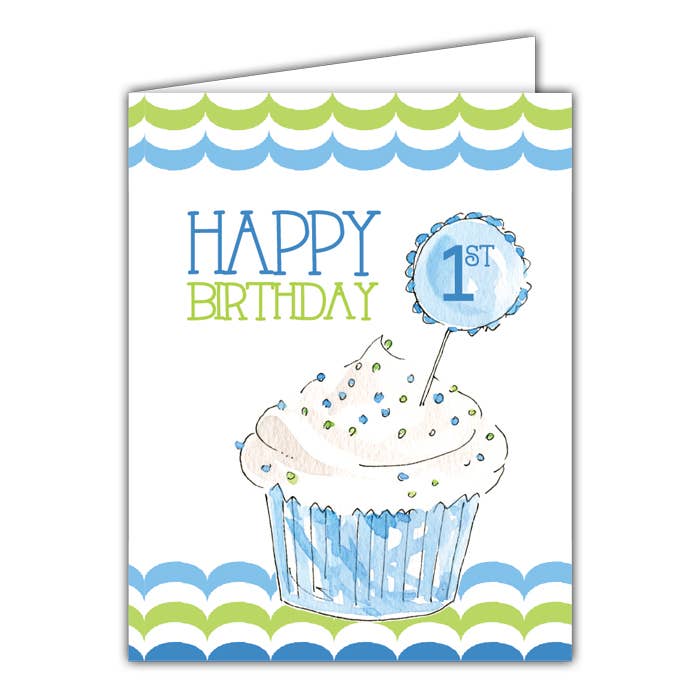 Blue 1st Cupcake Small Folded Greeting Card