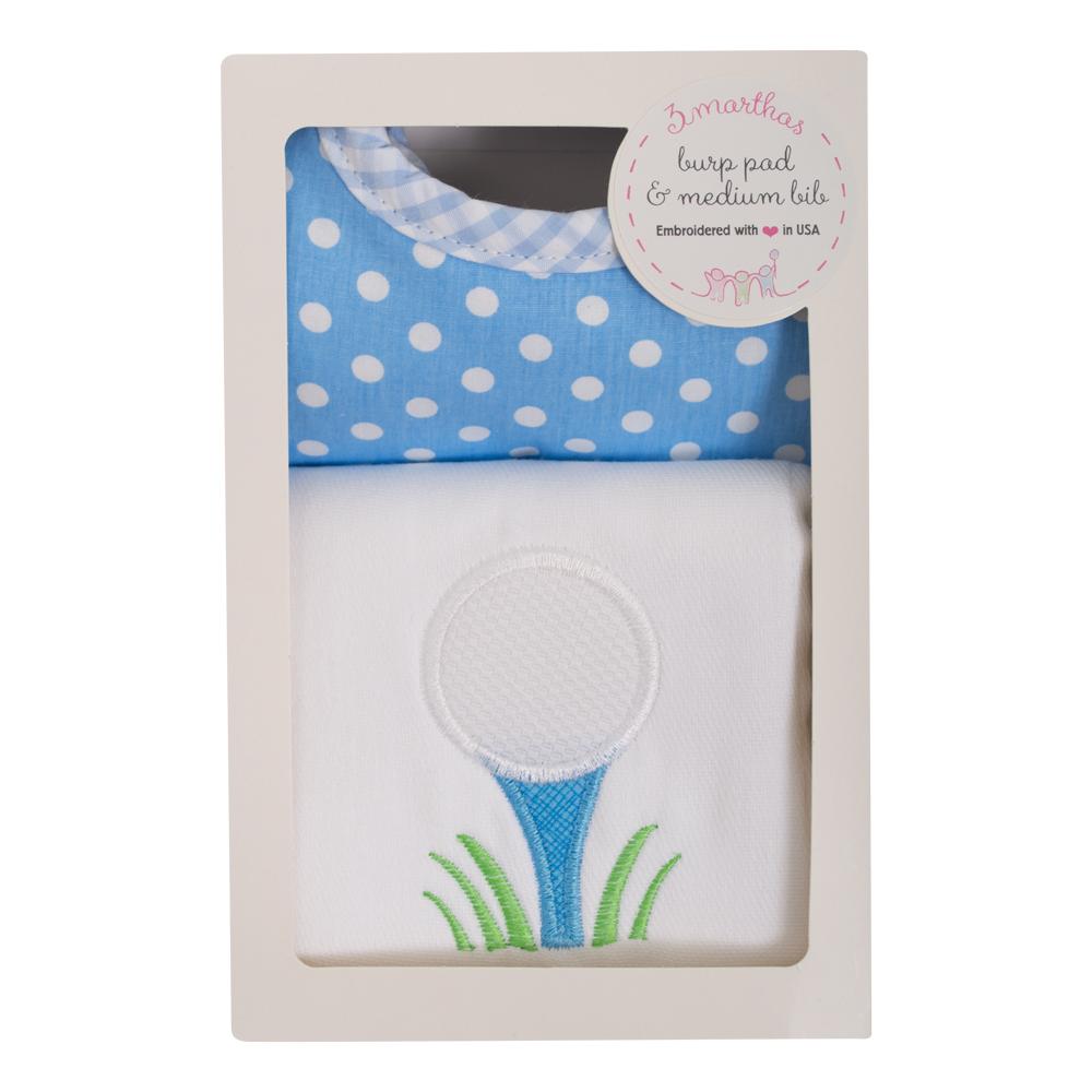 Blue Golf Bib & Burp Box Set