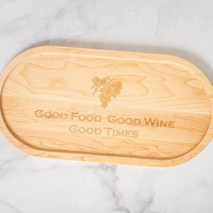 Good Food Good Wine Good Times cutting board — alternate view showing grain detail