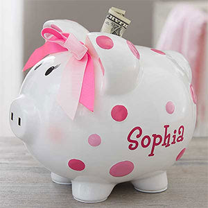 Personalized polka dot piggy bank — shown with name personalization example