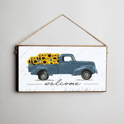 Welcome sunflower truck twine hanging sign — cheerful spring and summer home decor