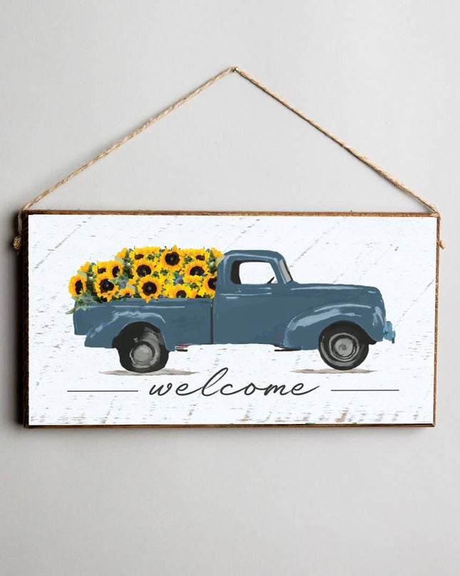 Welcome sunflower truck twine hanging sign — cheerful spring and summer home decor