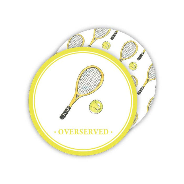 Tennis racket and ball overserved round coaster — fun tennis gift