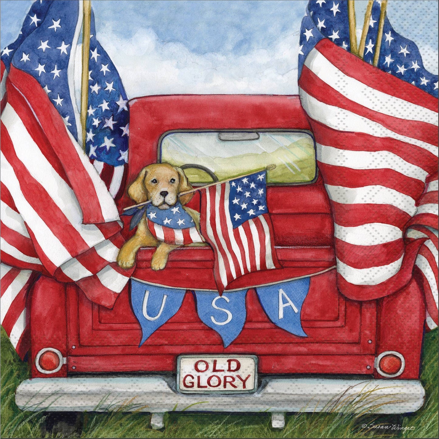 Paper Lunch Napkins 40 Count Dog w/ Flags in Truck Patriotic