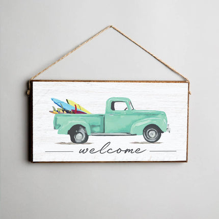 Surfboard twine hanging sign — coastal beach home decor