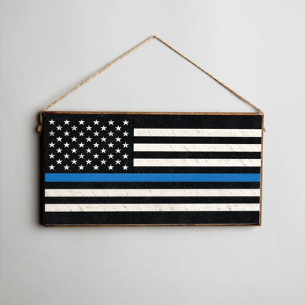 Thin Blue Line Flag twine hanging sign — law enforcement support home decor gift