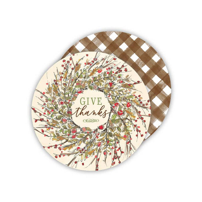 Give Thanks fall berry wreath round coaster — Thanksgiving and fall hostess gift