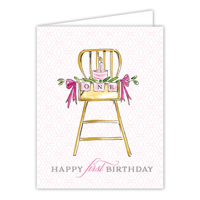 Happy First Birthday High Chair with Cake Pink Greeting Card