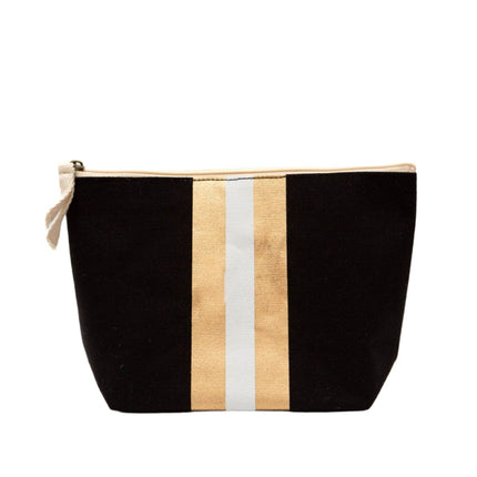 Personalized campus stripe cosmetic bag black white gold — custom monogram, graduation and school gift