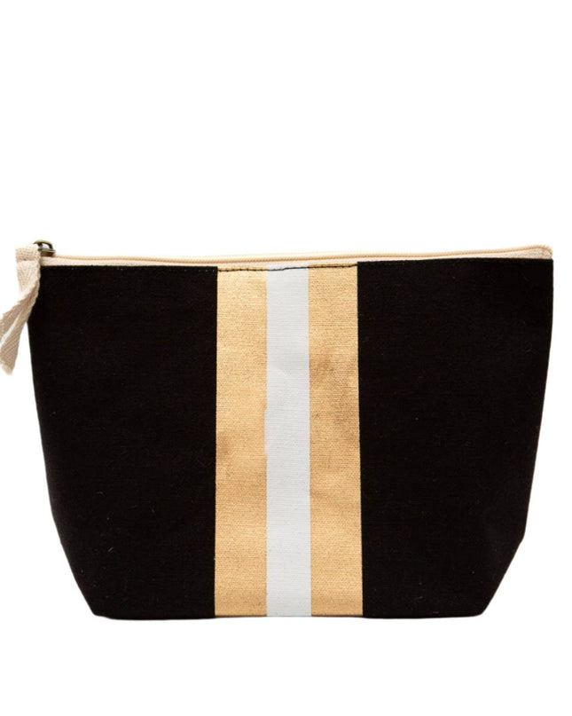 Personalized campus stripe cosmetic bag black white gold — custom monogram, graduation and school gift