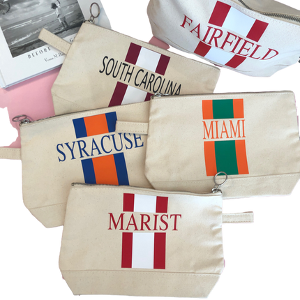 Personalized canvas makeup case — shown open with contents
