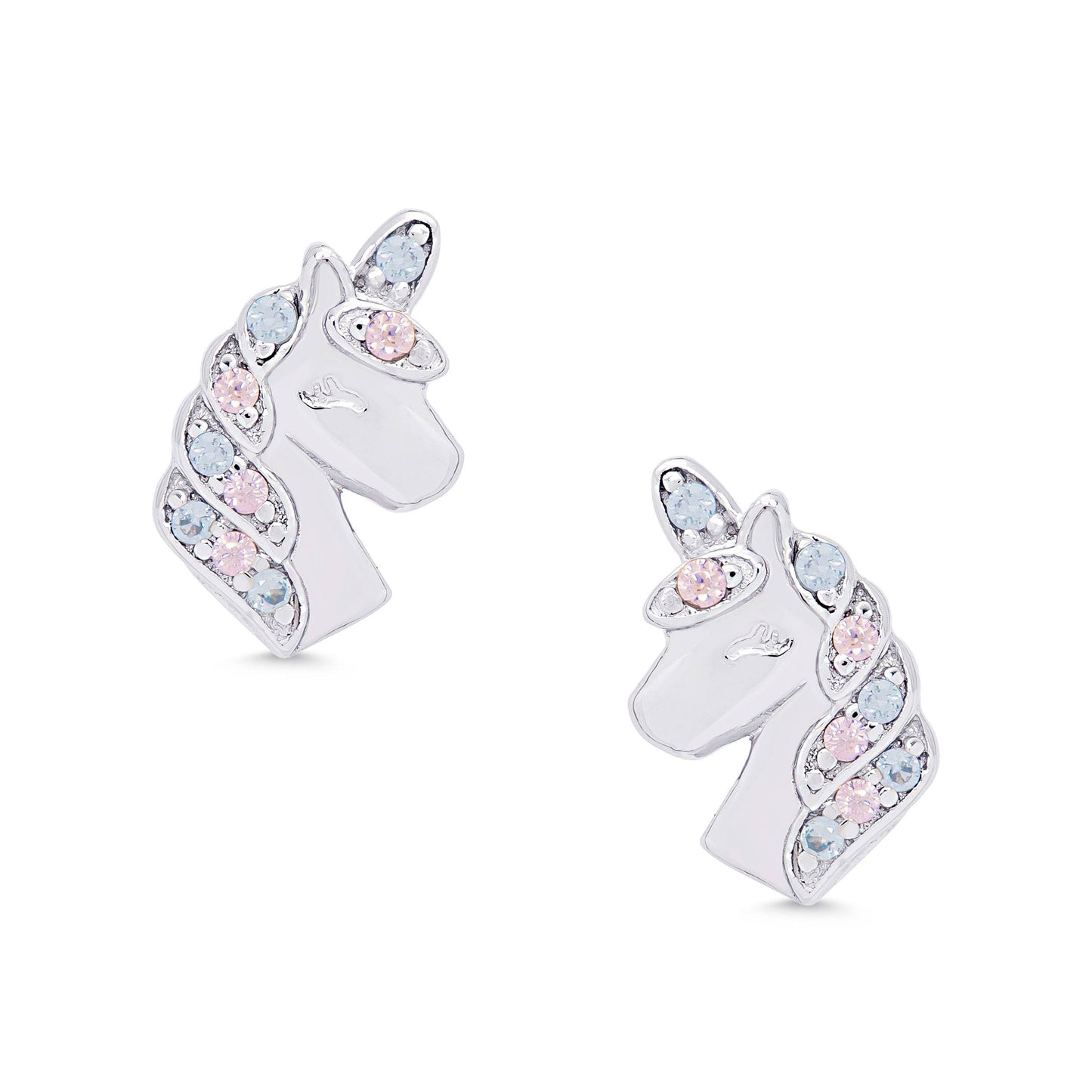CZ Unicorn Stud Earrings in Sterling Silver (Pink/Blue)