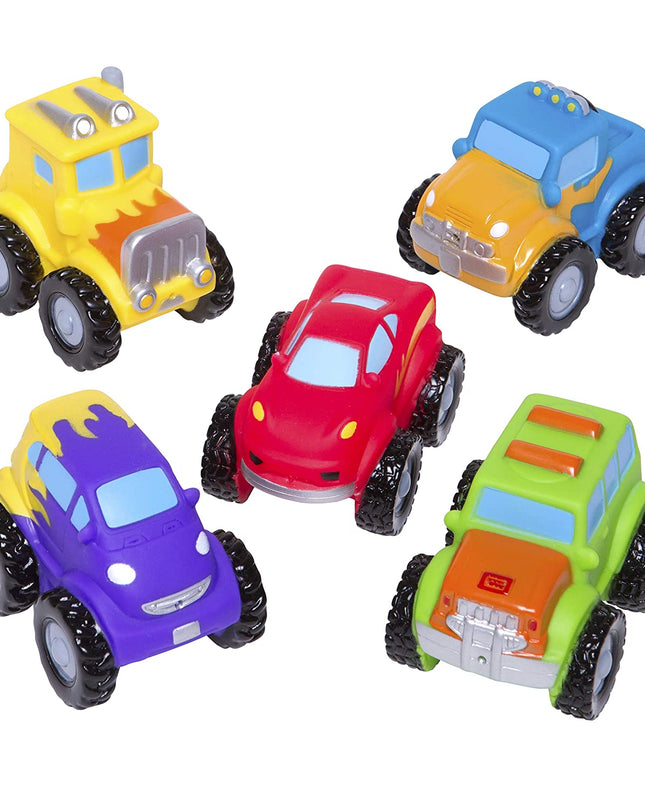 Monster truck baby bath squirties — shown in bath