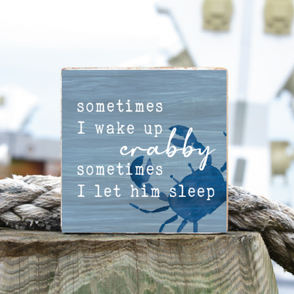 Let Crabby Sleep decorative wooden block — funny coastal home decor gift