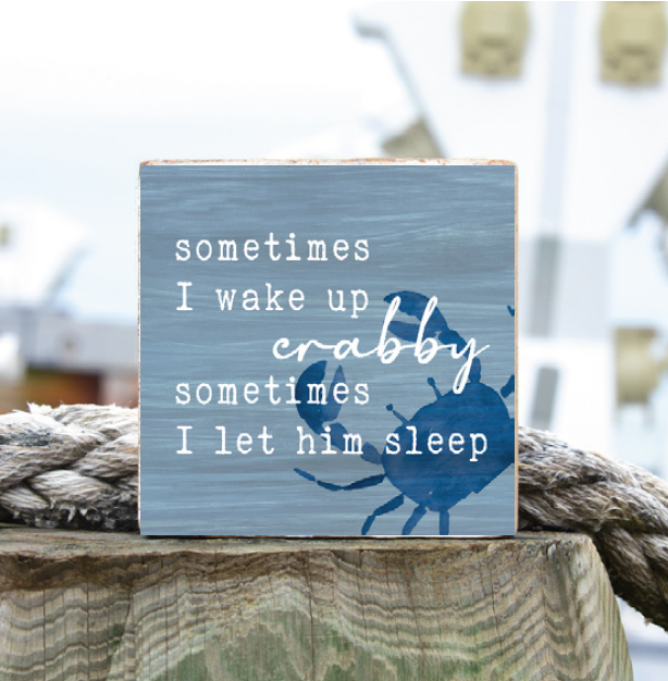 Let Crabby Sleep decorative wooden block — funny coastal home decor gift
