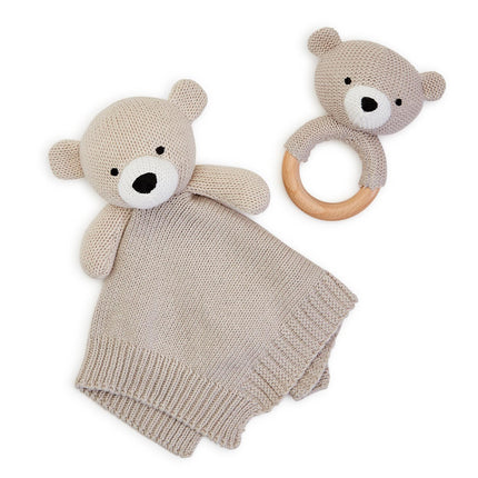 Knitted baby bear snuggle and rattle set — sweet newborn and baby shower gift