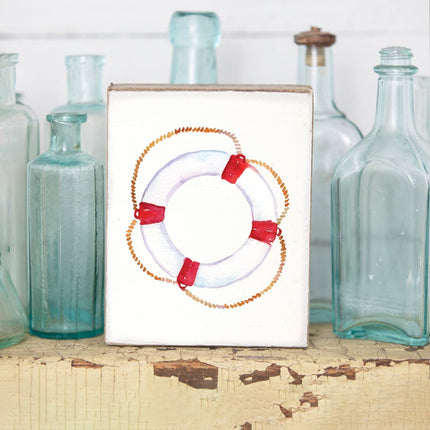 Watercolor life preserver decorative wooden block — nautical coastal home decor
