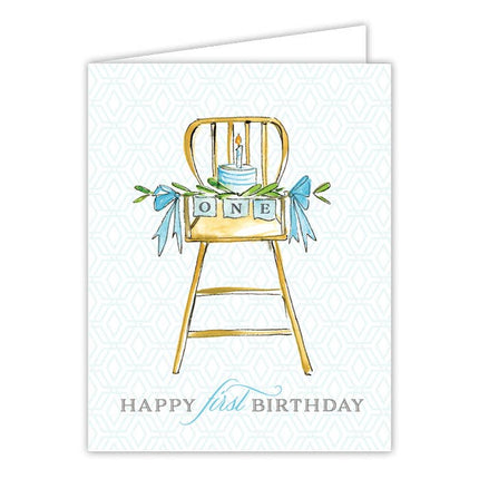 Happy First Birthday High Chair with Cake blue Greeting Card