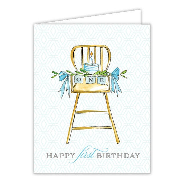 Happy First Birthday High Chair with Cake blue Greeting Card
