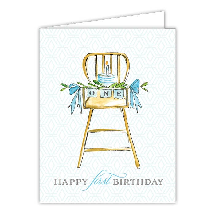 Happy First Birthday High Chair with Cake blue Greeting Card