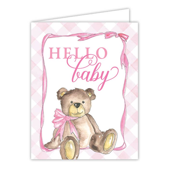 Hello Baby Teddy Bear with Pink Bow Greeting Card
