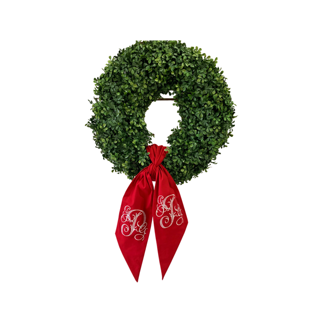 Boxwood Wreath with Personalized Sash