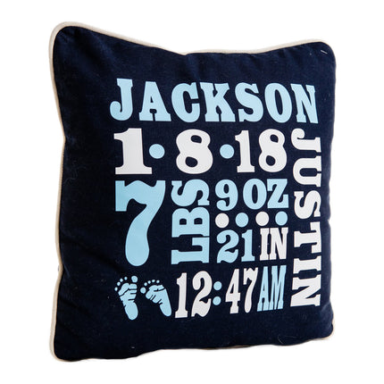 Birth announcement pillow — personalized with baby name, date, weight, and length