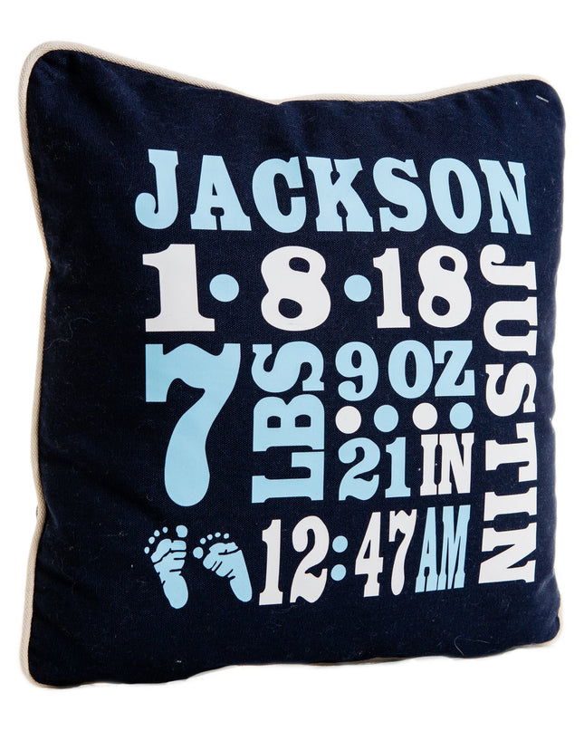 Birth announcement pillow — personalized with baby name, date, weight, and length