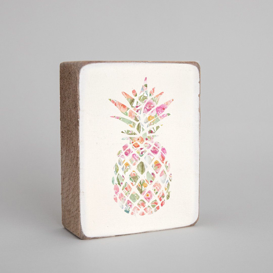 Rustic Block - Pink Floral Pineapple