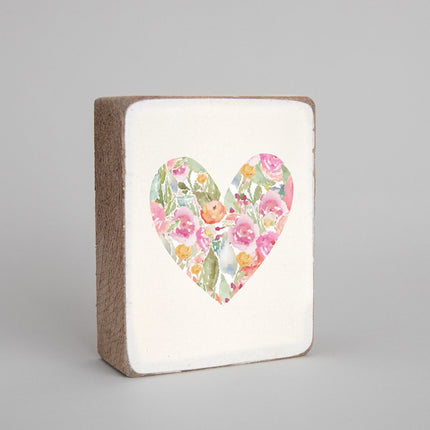 Pink floral heart decorative wooden block — personalized Valentine's and everyday home decor