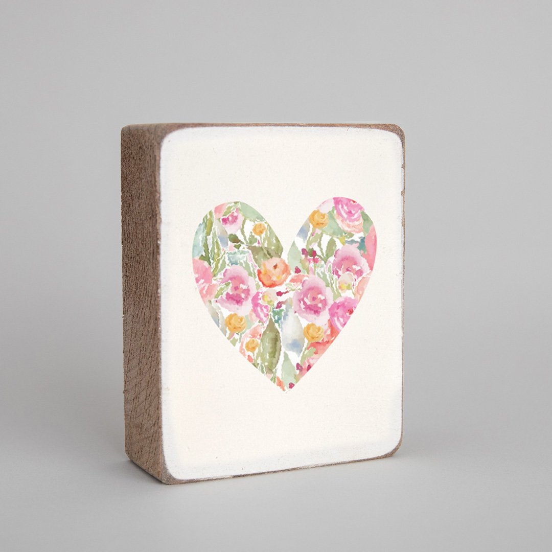 Pink Floral Heart Decorative Wooden Block