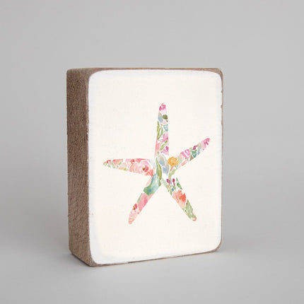 Rustic block pink floral starfish design — personalized coastal home decor