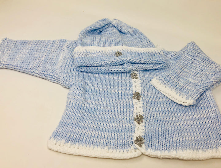 Hand Knit White and Blue Tweed Sweater and Hat