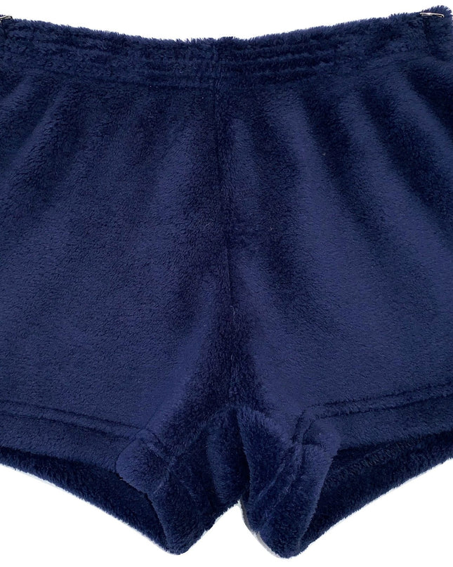Personalized college fuzzy pajama shorts — shown with school logo example